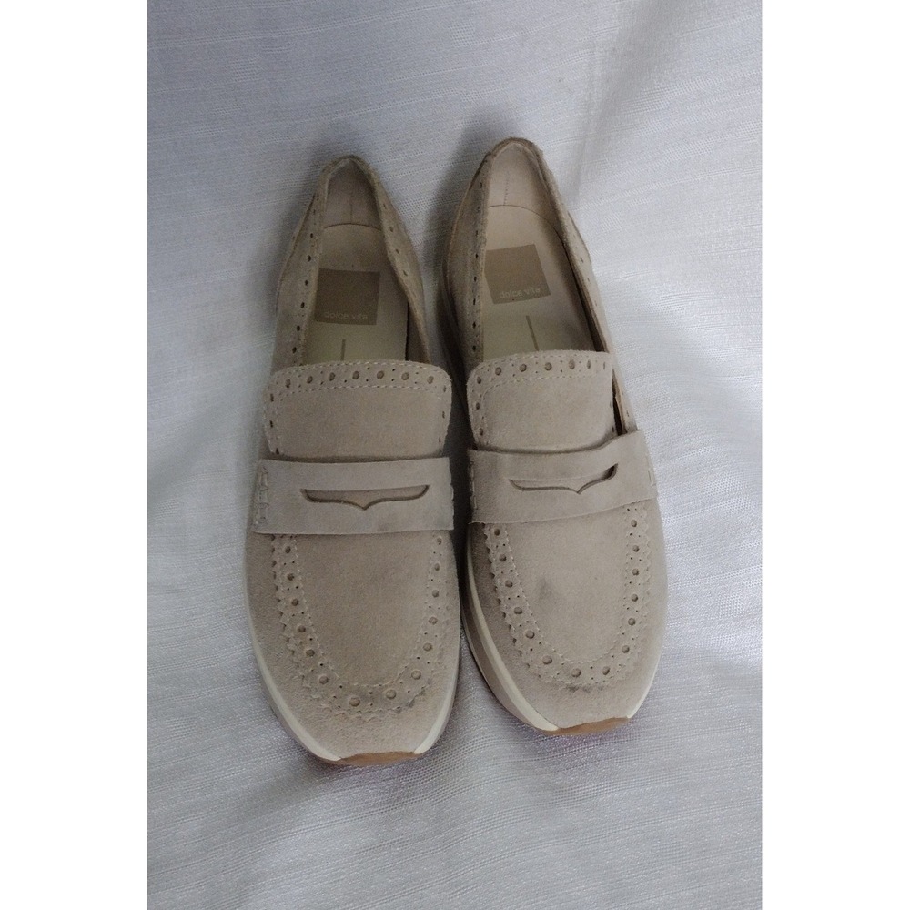 Dolce Vita Women's 7.5 Beige Suede Platform Penny Loafers Brogue Slip-On Shoes